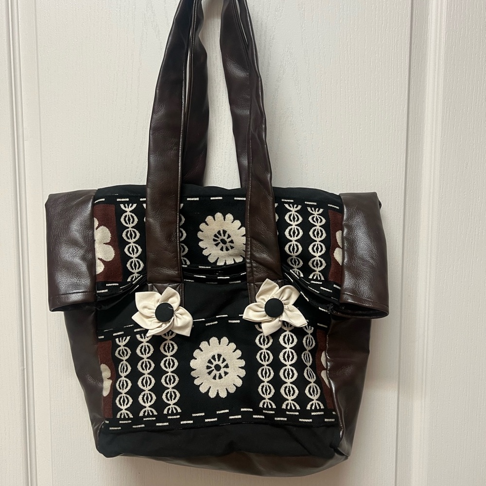 Chic Black and Brown Quilted Tote with Floral Accents